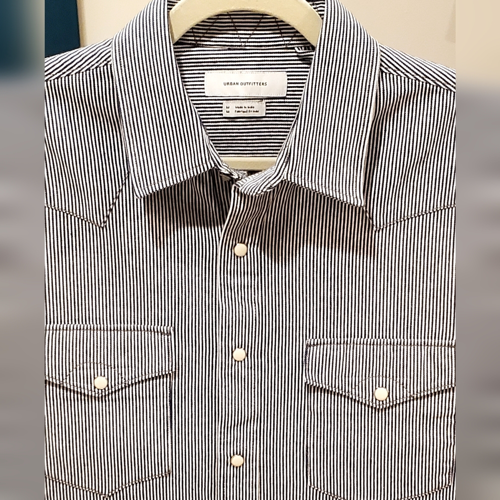 Urban Outfitters Cotton Denim Railroad Stripe Snap Down Western Shirt, Mn Med